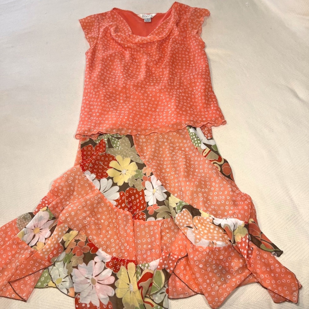 Vintage 90s Allison Taylor Orange Floral Patchwork Skirt Set Cowl Neck Top M